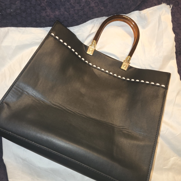 Fndi Black Tote Bag with Brown Handles - Picture 5 of 8
